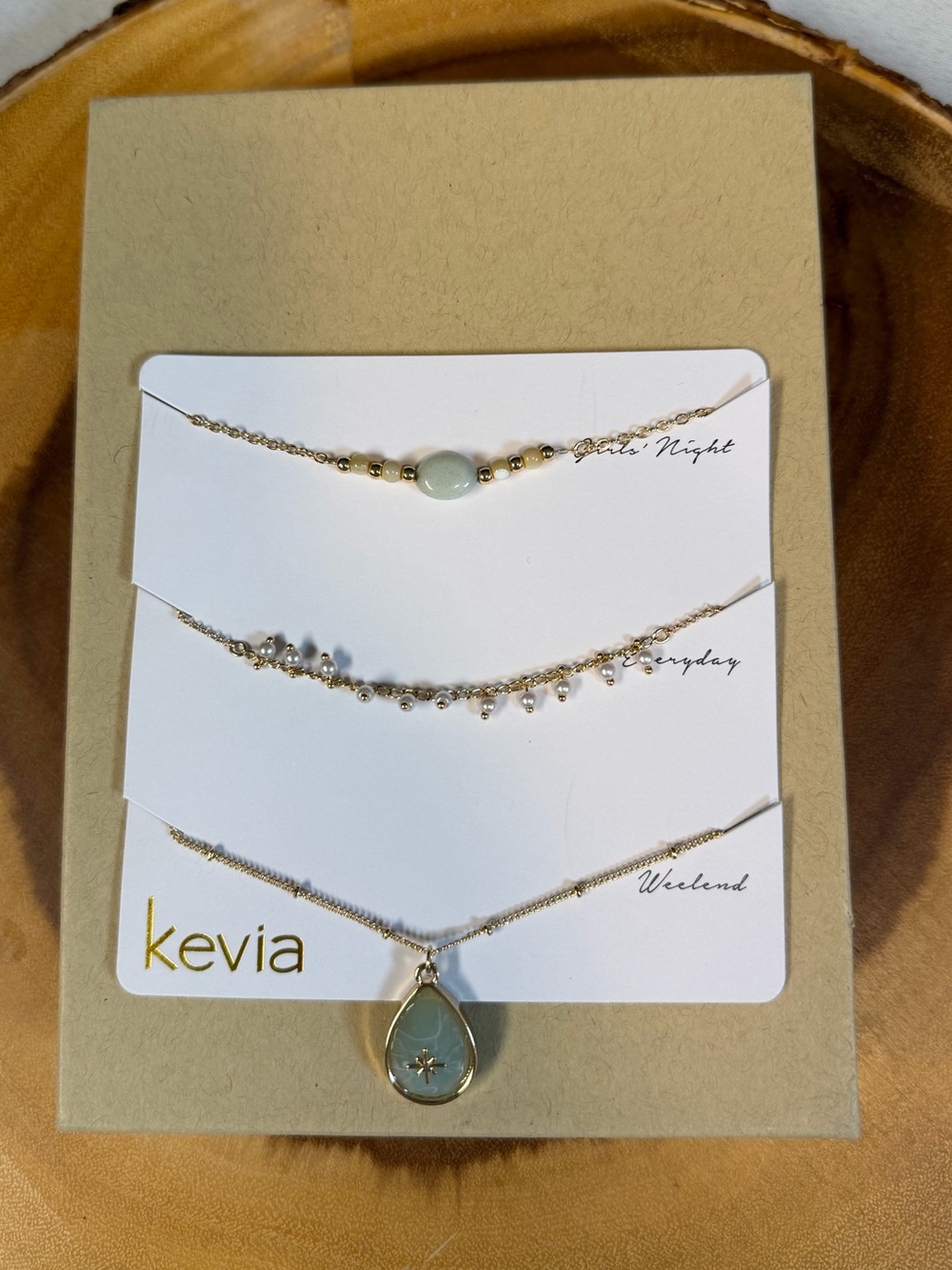 Kevia Genevra three piece Gold Plated and Pale Green beaded Layered Necklace Set
